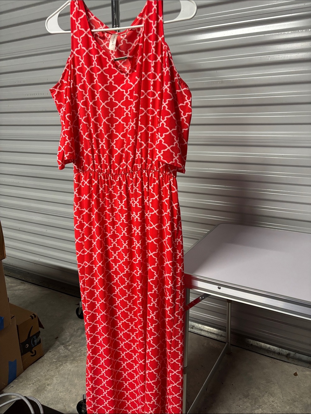 Tacera Red and White Geometric open shoulder sleeves Maxi Dress